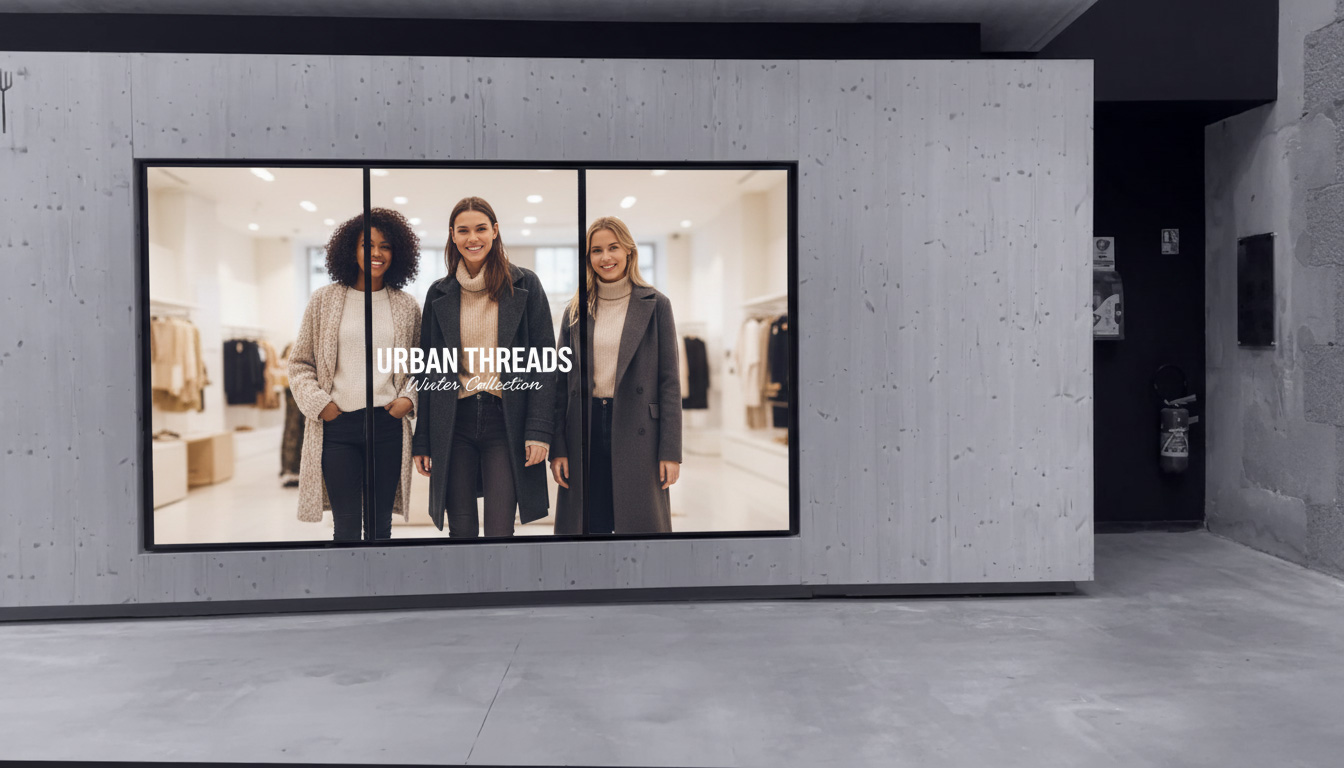 Triptyque d'écrans DOOH dans un hall de cinéma